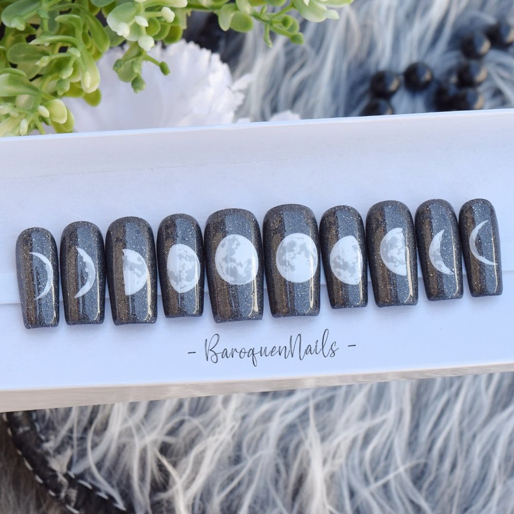Midnight Moon Phase Fake Nails Glossy Long Square Acrylic Nails